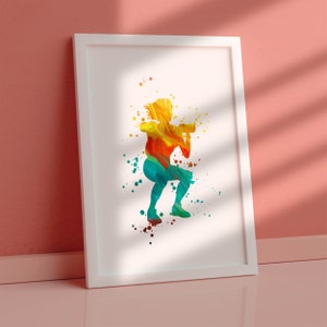 May include: A colorful watercolor illustration of a person doing a squat exercise with a weight. The person is outlined in yellow, orange, red, green, and blue.