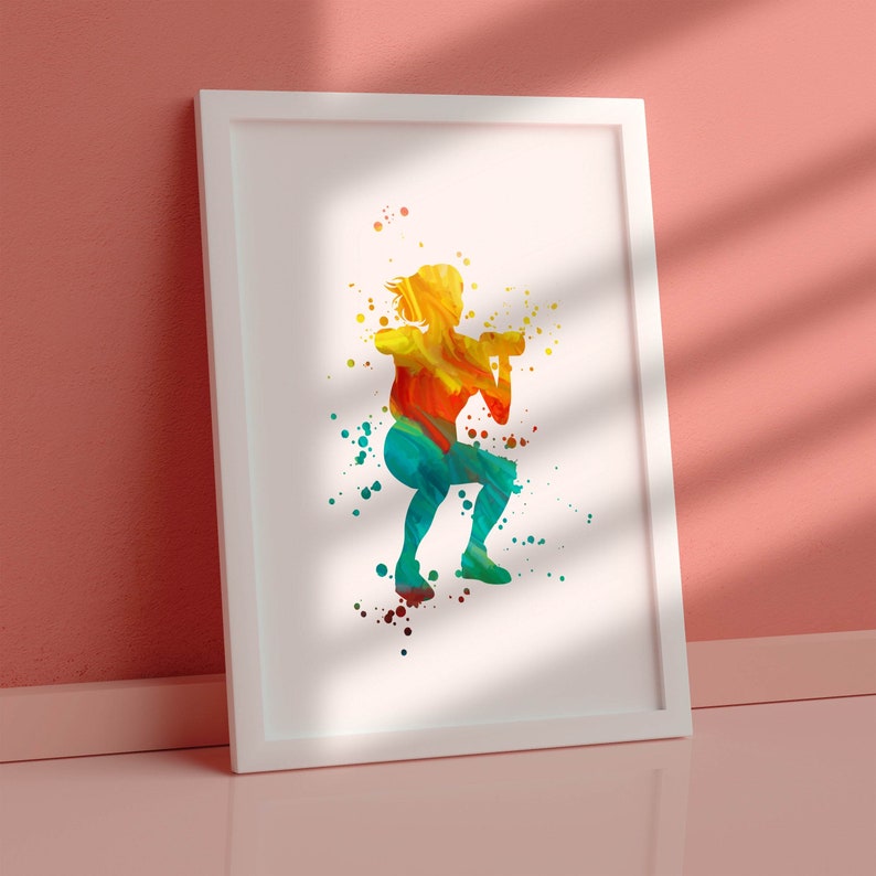 May include: A colorful watercolor illustration of a person doing a squat exercise with a weight. The person is outlined in yellow, orange, red, green, and blue.