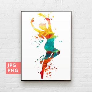 Watercolor dancing girl print, Dance printable wall art, Gift idea for girl dancer or dance teacher, Decor for dance studio or home