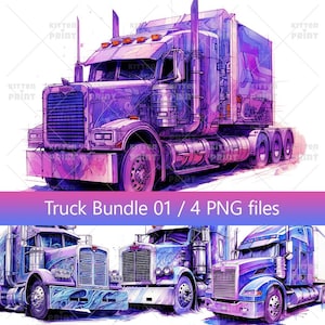 Clipart classic american trucks, Semi trailer truck bundle, Vehicle pack, Roads and transport, 4 PNG truck illustration, Cool wheels