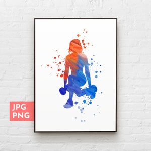 Impression aquarelle fille fitness, art de l'exercice femme, oeuvre d'art de la salle de sport, art de l'entraînement pour la salle de sport à domicile, silhouette fille de la salle de sport, art mural sport