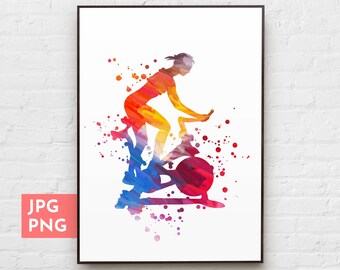 Impression de fille d'entraînement de vélo d'appartement, cadeaux de forme physique pour des femmes, PNG de vélo stationnaire, décoration de salle d'entraînement, art de mur de sport