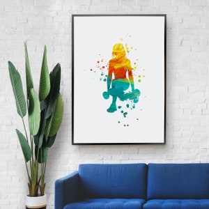 May include: A watercolor painting of a person lifting weights. The person is in a squat position with their arms extended, holding dumbbells. The painting is done in shades of yellow, orange, red, green, and blue.