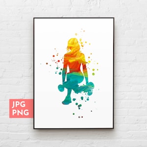 Chica fitness, Arte mural deportivo, Ideas de decoración de gimnasios en casa, Impresión de chica que hace ejercicio, Impresiones deportivas, Arte con mancuernas