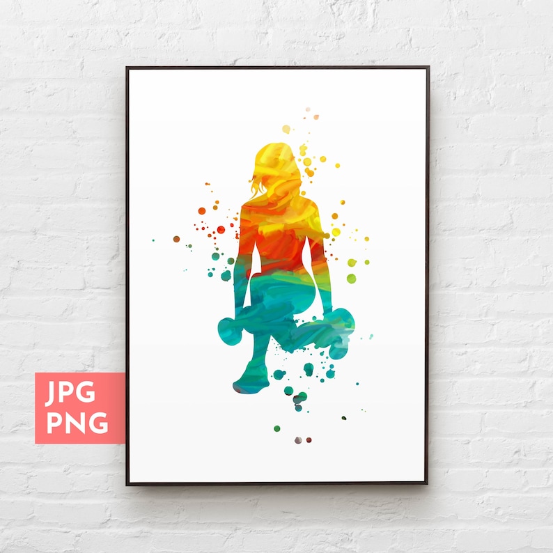 May include: A colorful watercolor illustration of a person exercising with dumbbells. The silhouette is outlined in yellow, orange, red, blue, and green.