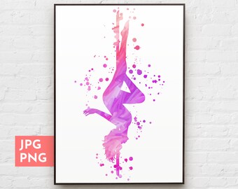 ポールダンサープリント、ポールダンスギフト、水彩画、ダンスプリント可能な壁アート、昇華デザイン PNG ファイル