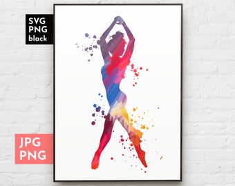 Arte murale stampabile di danza, ragazza che balla ad acquerello, ballerina PNG, SVG, download di disegni a sublimazione