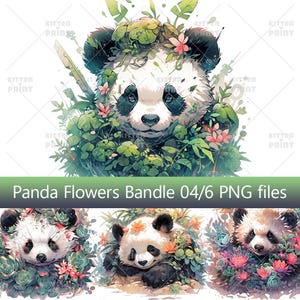 Zabawny clipart pandy, Miś bambusowy w kwiatach, Panda z kreskówek, Uroczy czarno-biały miś, 6 akwarelowych wzorów kwiatowych PNG, Zestaw zwierząt