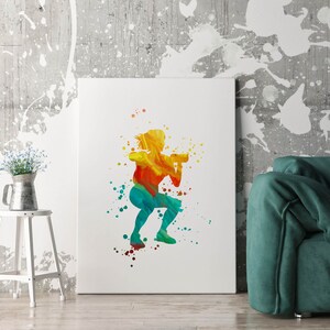 May include: A colorful watercolor silhouette of a person doing a squat exercise. The silhouette is made up of shades of yellow, orange, red, blue, and green.