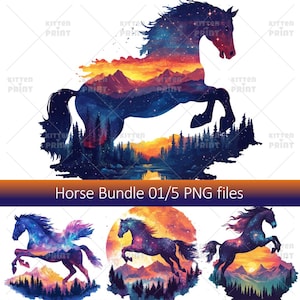 May include: A digital art print featuring a silhouette of a horse leaping, filled with a colorful landscape of mountains, trees, and a sunset. The image includes the text "Horse Bundle 01/5 PNG files."