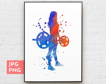 Impresión de chica haciendo ejercicio, arte con barra, levantadora de pesas femenina, póster de levantamiento de pesas, decoración de gimnasio para el hogar para mujeres, arte imprimible de gimnasio, arte de pared deportivo