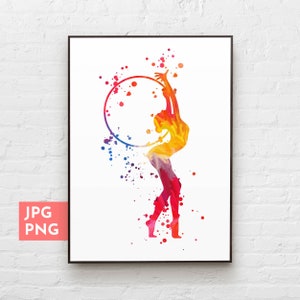 Rhythmic gymnastics hoop print, Girl watercolor art, Gymnast gifts, Teen room decor girl, Sports wall art