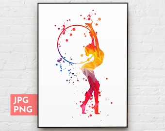 Rhythmic gymnastics hoop print, Girl watercolor art, Gymnast gifts, Teen room decor girl, Sports wall art