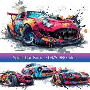 Monstruo de coche deportivo genial, Horror en la carretera, Muscle car loco, Coche de carreras y velocidad loca, Vehículo extremo de dibujos animados, Ilustración de acuarela de 5 PNG