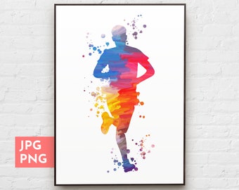 May include: A colorful watercolor illustration of a person running. The silhouette is filled with shades of blue, purple, orange, and yellow. The background is white with scattered paint splatters.