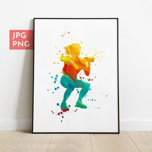 May include: A colorful watercolor illustration of a person doing a squat exercise. The silhouette is filled with shades of yellow, orange, red, blue, and green.