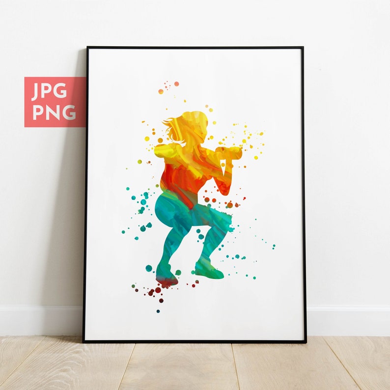 May include: A colorful watercolor illustration of a person doing a squat exercise. The silhouette is filled with shades of yellow, orange, red, blue, and green.