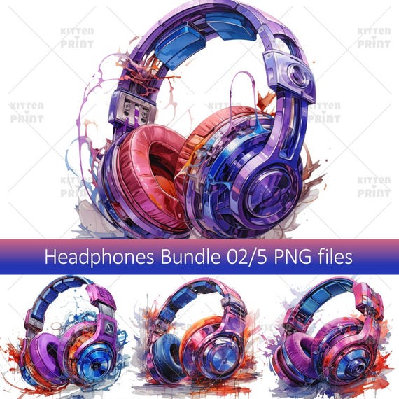 Headphones Disco Bundle, Techno DJ Set, Paint Splash Design, PNG
