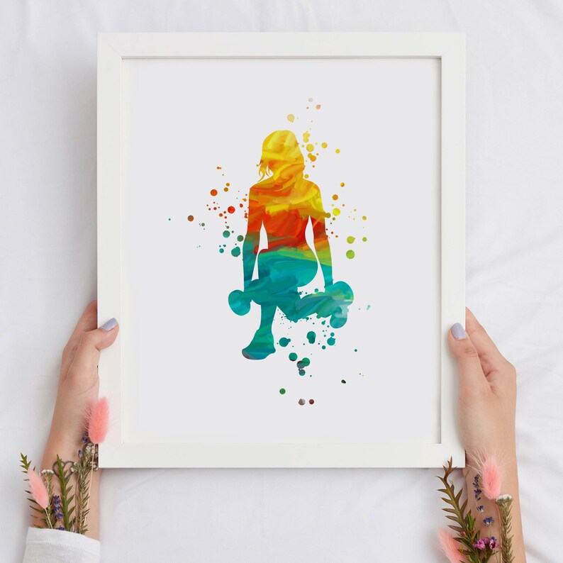 May include: A colorful watercolor painting of a person lifting weights. The person is silhouetted in shades of blue, green, yellow, and orange. The background is white with splatters of paint.