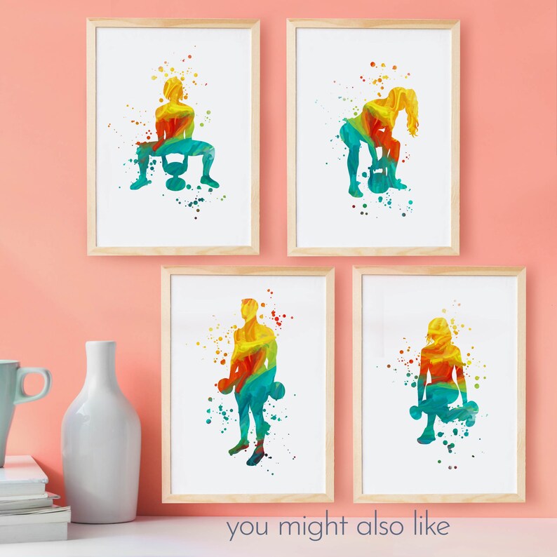 May include: Four watercolor prints featuring colorful silhouettes of people exercising with weights. The prints are framed in natural wood and have a white background.