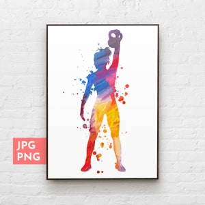 Può includere: Un'illustrazione ad acquerello di una persona che solleva un kettlebell. La persona è in silhouette in tonalità di blu, giallo, arancione e rosso. Lo sfondo è bianco con schizzi di vernice.