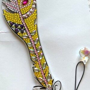 Feather bookmark, yellow and pink bookmark,book accessory, page saver, diamond art painting, Rhinestone bookmark, crystal marks your page.