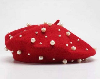 Red Pearl Beaded Beret Hat