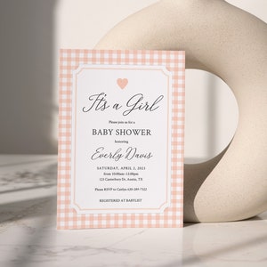 It&#39;s A Girl Baby Shower Invitation | Peach Gingham Shower Invite | Editable Baby Shower Template
