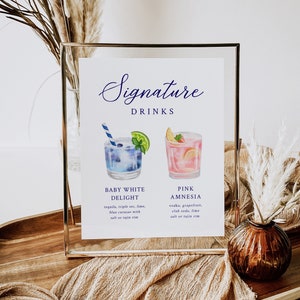 Panneau de boisson signature, signalisation de bar, menu de cocktails pour baby shower, révélation du genre, thème Baby-Q, décor bleu marine, boissons roses et bleues