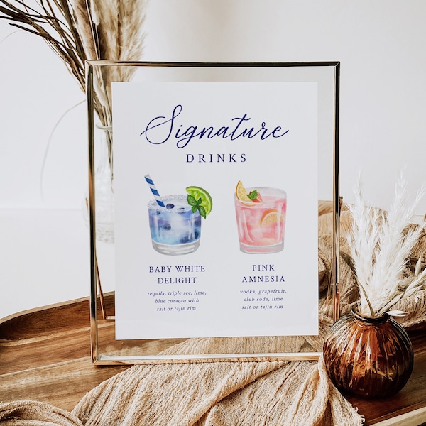 Signature Drink Sign, Bar Signage, Baby Shower Cocktail Menu, Gender Reveal, Baby-Q Theme, Navy Blue Decor, Pink and Blue Beverages