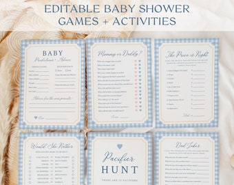 Blue Gingham Baby Shower Games Bundle, Printable Activity Kit (Digital Download)