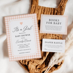 Girl Baby Shower Invitation Bundle | Pink Gingham Shower Invite | Editable Baby Shower Template, Books For Baby, Diaper Raffle