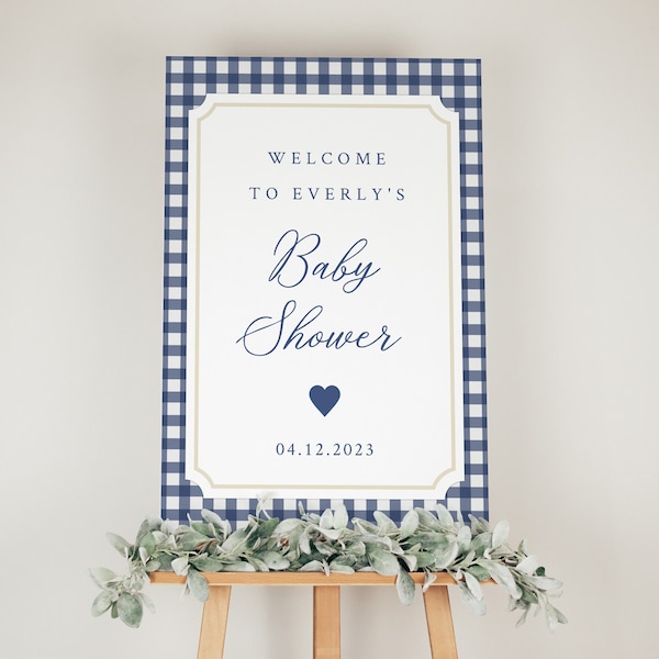 Navy Blue Baby Shower Decorations, Welcome Sign Boy, Gingham Signage, Welcome Sign Printable, Party Decorations