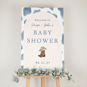 Cowboy babyshower bord, jongen strooi welkom bewegwijzering afdrukbare, western thema feestdecor direct downloaden, zelf bewerkbare sjabloon
