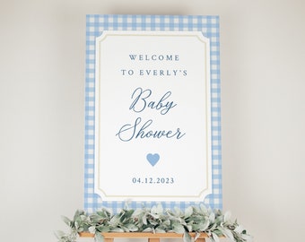 Navy Blue Gingham Baby Shower Welcome Sign (Printable)