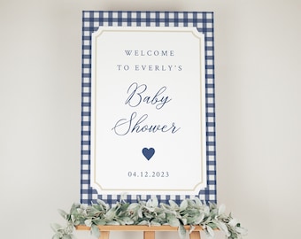 Navy Gingham Baby Shower Welcome Sign, Boy (Printable)