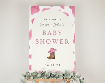 Różowy napis powitalny „Kowbojka” na baby shower, styl zachodni, do druku (do pobrania cyfrowego)