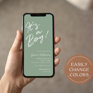 May include: A green and white digital invitation on a smartphone screen announcing a baby shower with the text "It's a Boy!" and the name "Grace Williams".