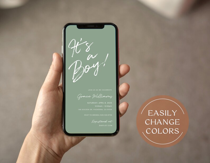May include: A green and white digital invitation on a smartphone screen announcing a baby shower with the text "It's a Boy!" and the name "Grace Williams".