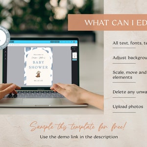 May include: A laptop displays a baby shower invitation template with a cowboy theme. The invitation features text that reads "Welcome to Baby Shower" with a cowboy hat and boots graphic. The screen also shows editing options.