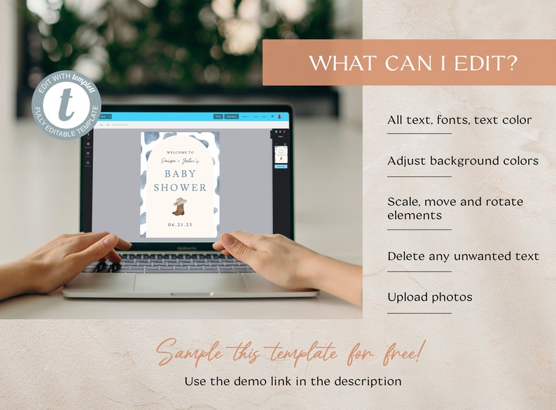 May include: A laptop displays a baby shower invitation template with a cowboy theme. The invitation features text that reads "Welcome to Baby Shower" with a cowboy hat and boots graphic. The screen also shows editing options.
