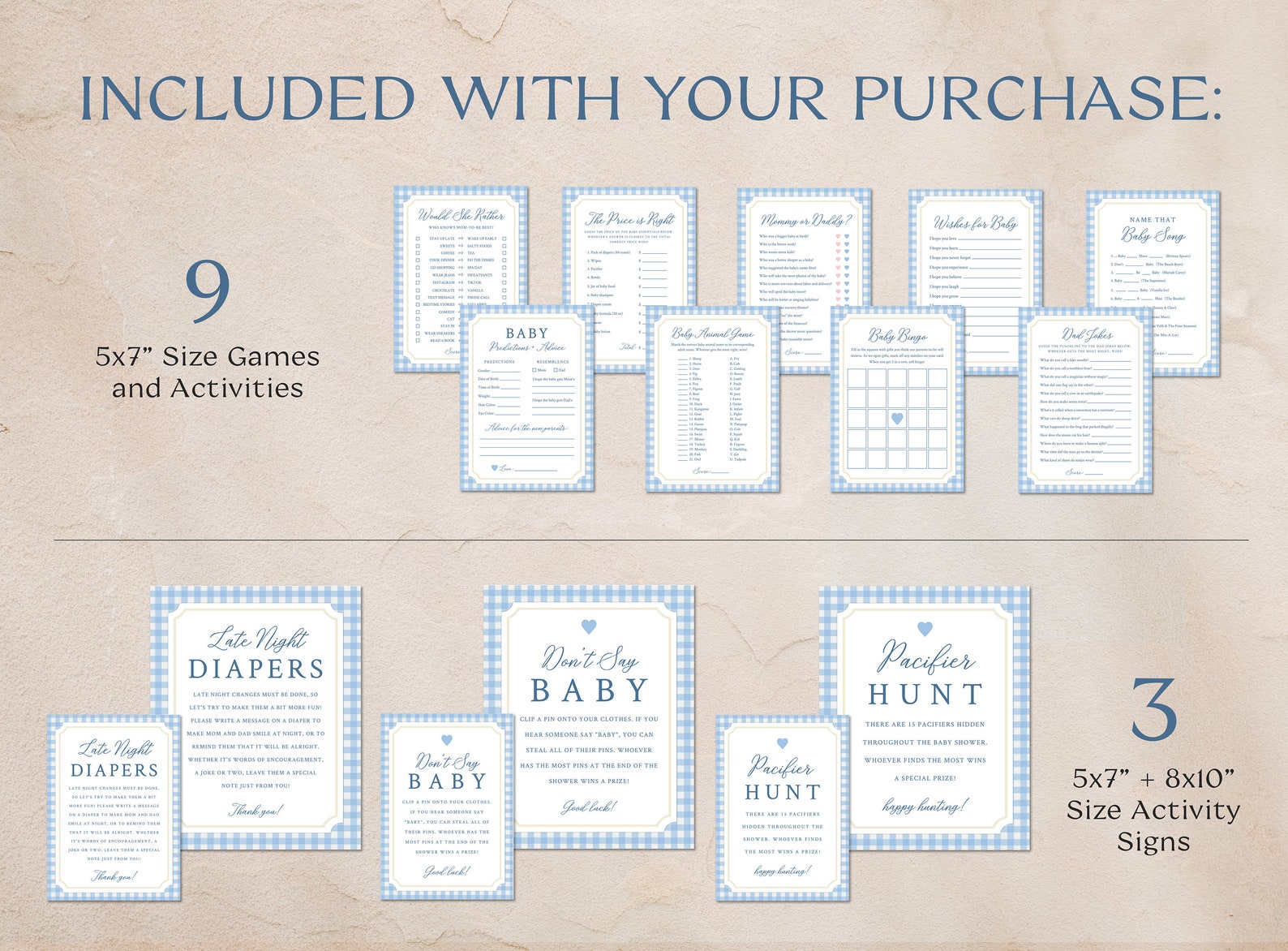 Baby Boy Shower Games Bundle, Fun Activity Printable Kit, Blue Gingham ...