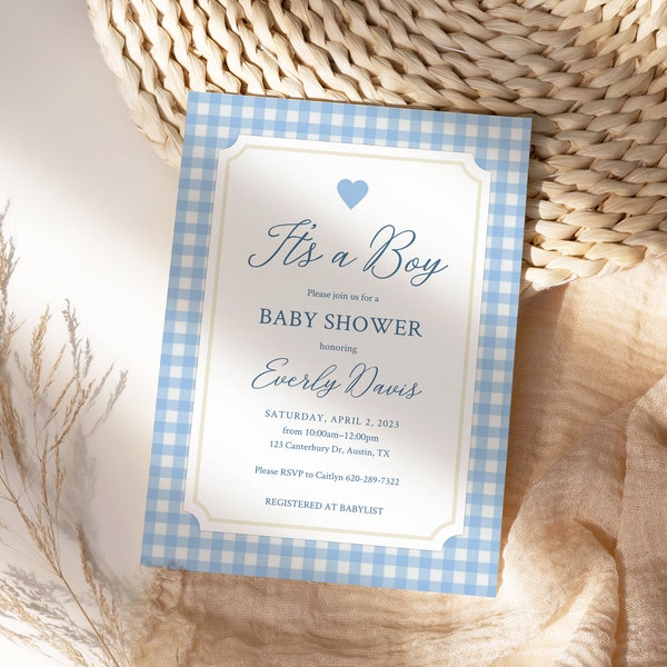It's A Boy Shower Invitation | Blue Gingham Baby Shower Template | Editable Baby Shower Invite