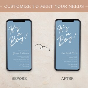 May include: A before and after image demonstrating how to personalise a baby shower invitation. The invitation features a blue and white design with the text "It's a Boy!" and the baby's name. The before image displays the invitation with the name "Grace Williams", while the after image shows the invitation with the name "Everleigh Davis".