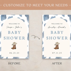 May include: Two baby shower invitation designs. The "Before" design features a baby shower invitation with the text "Welcome to Paige & John's Baby Shower" and the date 06.21.23. The "After" design shows the same invitation with the text "Welcome to Ainsley & David's Baby Shower" and the date 07.11.23.