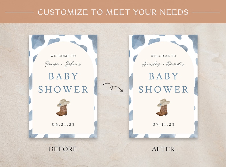May include: Two baby shower invitation designs. The "Before" design features a baby shower invitation with the text "Welcome to Paige & John's Baby Shower" and the date 06.21.23. The "After" design shows the same invitation with the text "Welcome to Ainsley & David's Baby Shower" and the date 07.11.23.