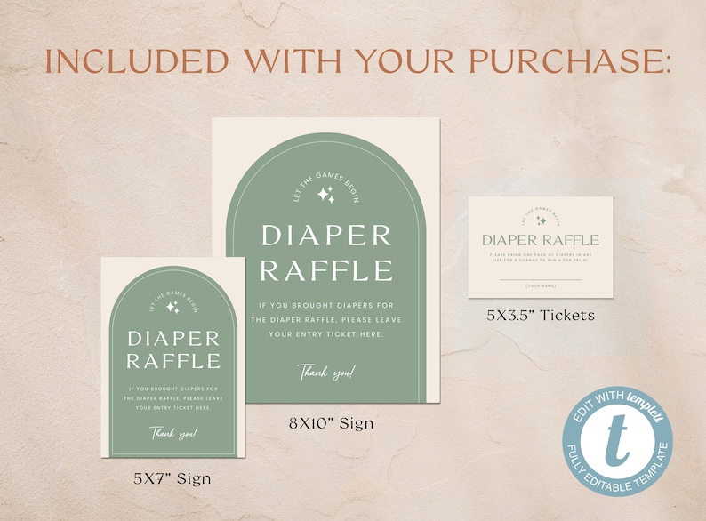 Sage Green Diaper Raffle Sign and Cards, Boho Baby Shower (digital ...