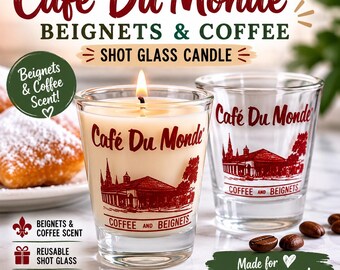 Official Café Du Monde Shot Glass Candle – Beignets & Coffee Scent, New Orleans Souvenir Gift, Reusable Shot Glass, French Quarter Favorite