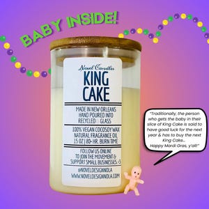 KING CAKE CANDLE | Scented Candle with Baby | Mardi Gras Candle | French Quarter | Handmade in New Orleans Louisiana Gift | Recycled Glass