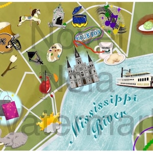 CARTE DE NOLA | Plan de la ville de la Nouvelle-Orléans | Art local dessiné à la main | Art mural Airbnb | Coffret cadeau Louisiane | Boîte demoiselle d'honneur Orléans | Téléchargement numérique